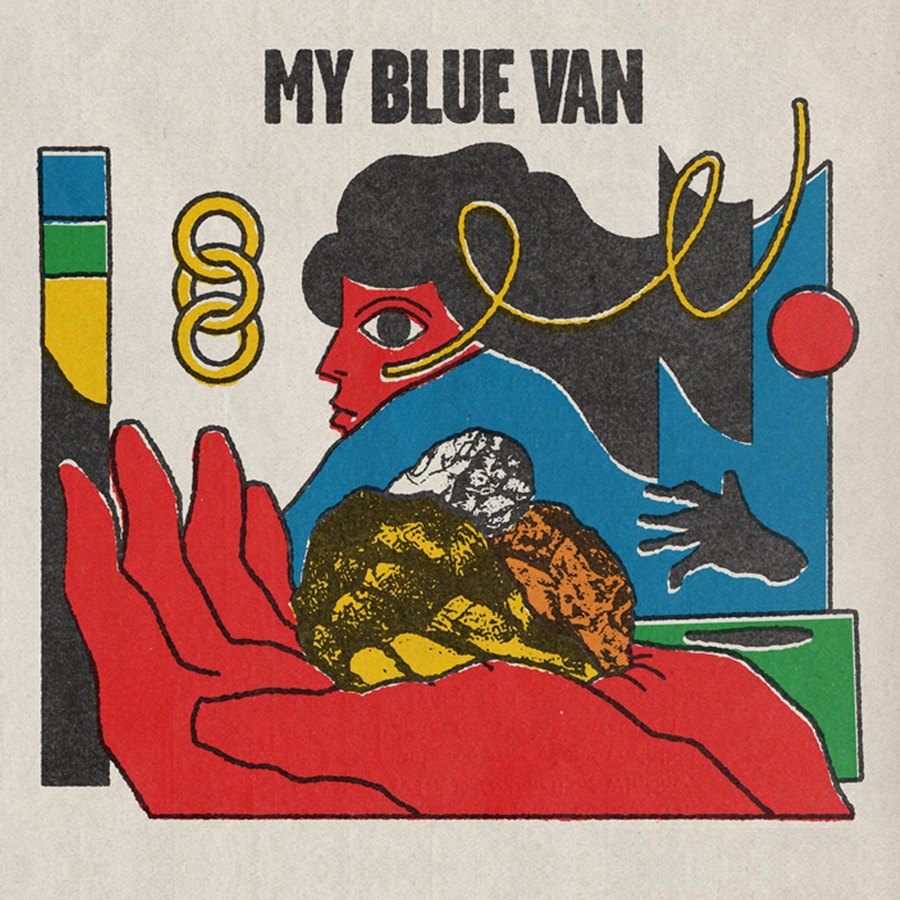 Album cover of My Blue Van: an illustrated red hand holding stones, a face in profile, linked yellow rings